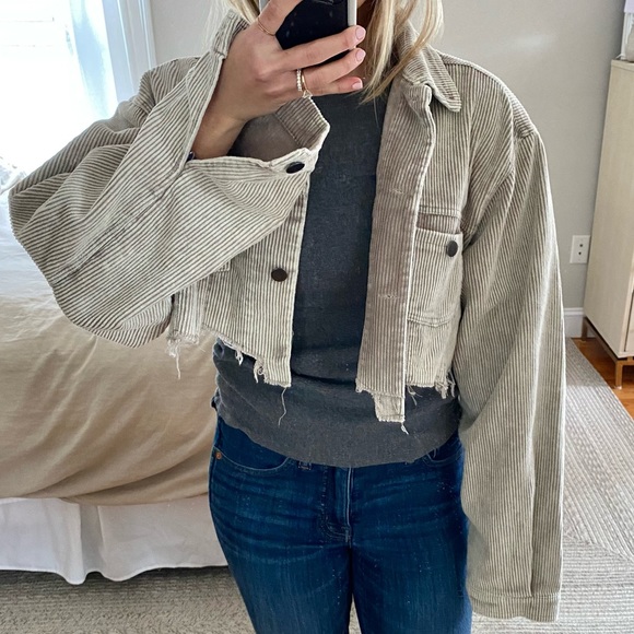 Pol Cropped Distressed Corduroy Jacket 